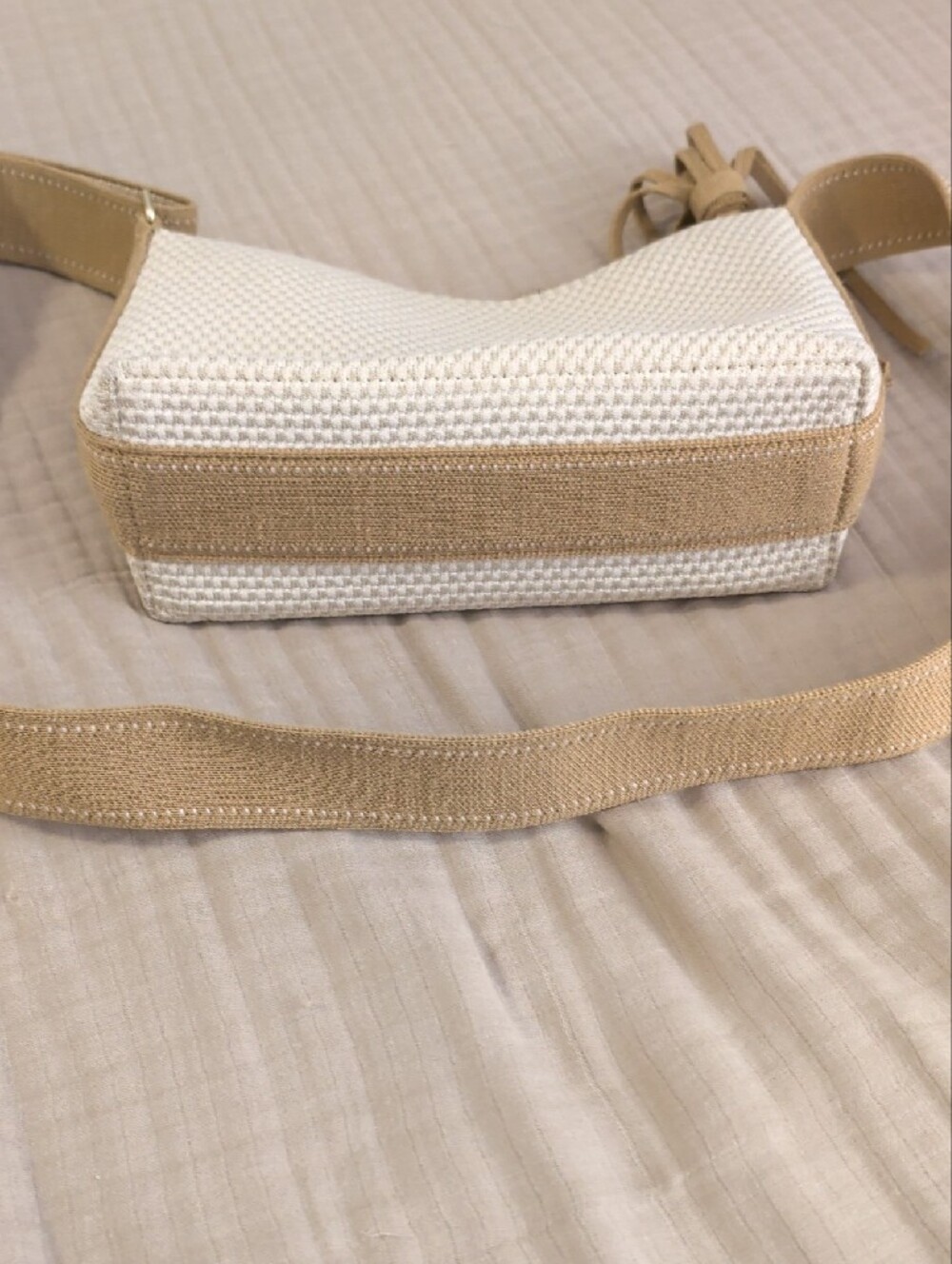 Rothy's The Casual Cream Woven Crossbody Bag with Tan Strap - Picture 2 of 8